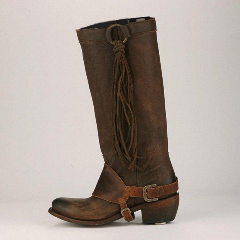 Damen Vintage Quaste Knot Kniehohe Stiefel